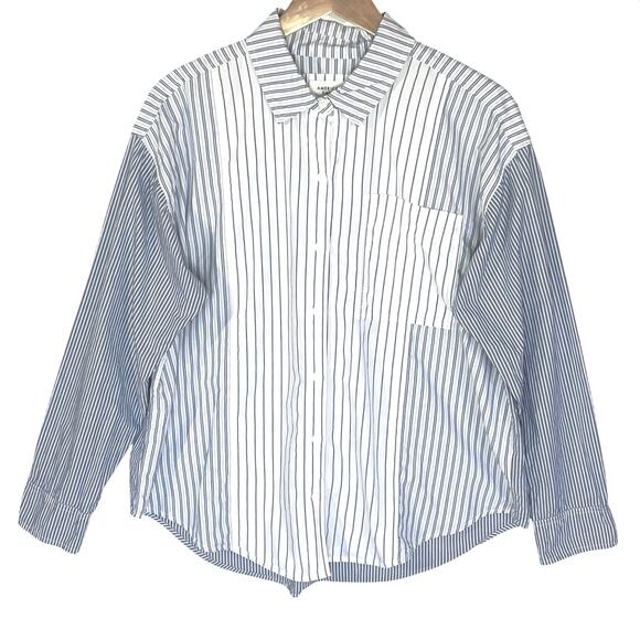 AMERICAN EAGLE Women’s Blue and White Mixed Stripe Button Front shirt - Picture 3 of 6